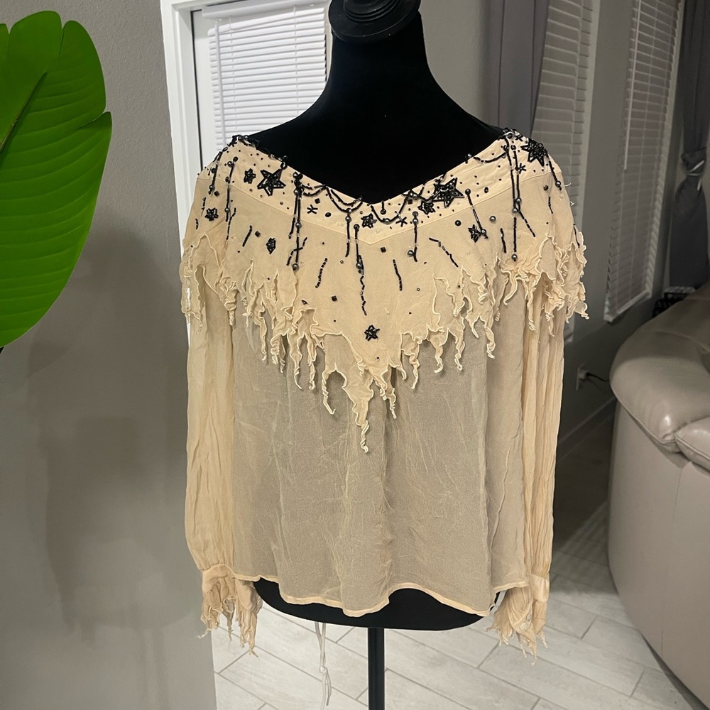 Vintage Mercedes & Adrienne silk beaded peasant cottage sheer blouse Sz 10